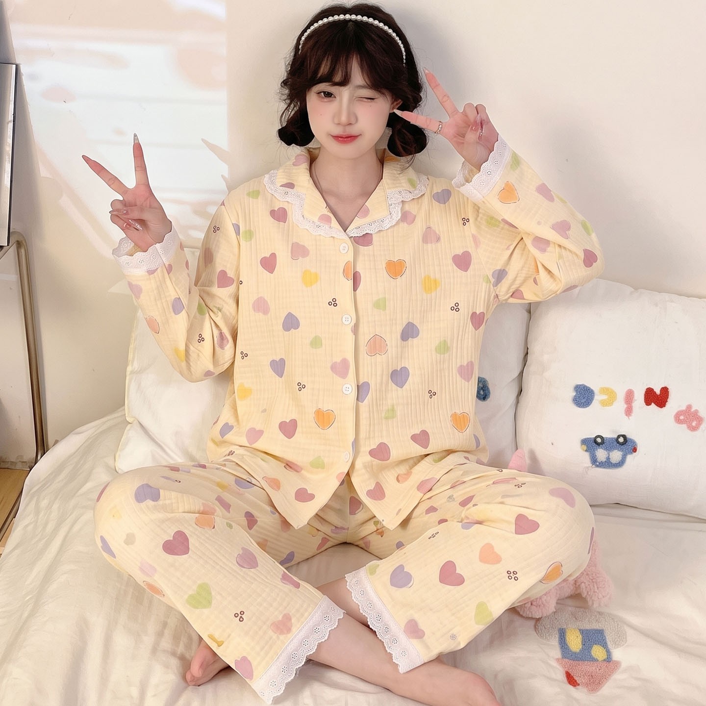 睡衣女款女孩潮卡通风儿童长袖云朵棉冬春秋季翻领空调服薄款学生