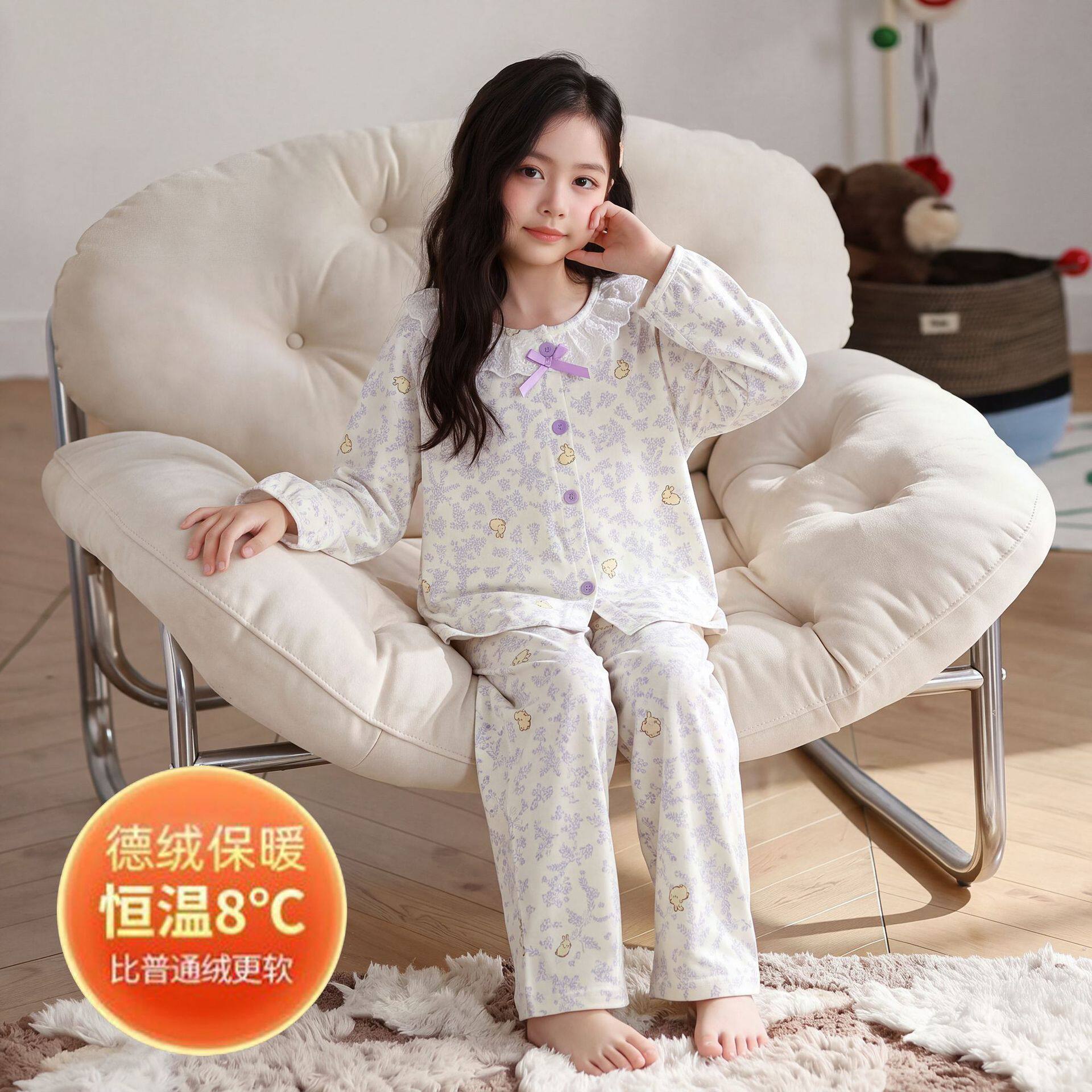 睡衣女孩秋冬款德绒五年级冬季加绒童趣搞怪女童空调服两姐妹儿童