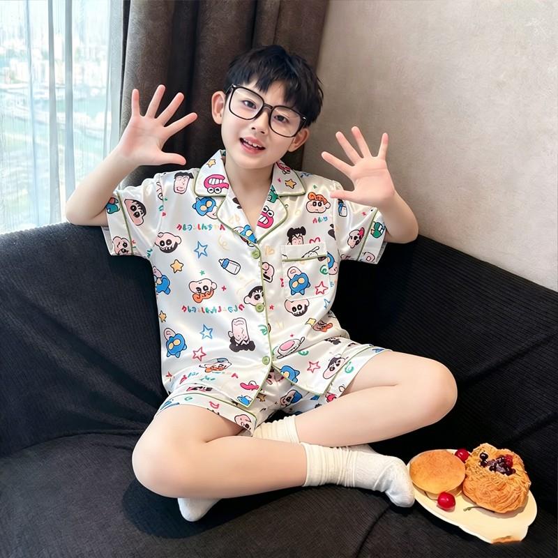睡衣夏季男孩十岁薄款猫咪男童冰丝儿童外穿潮款中袖短袖十六宽松