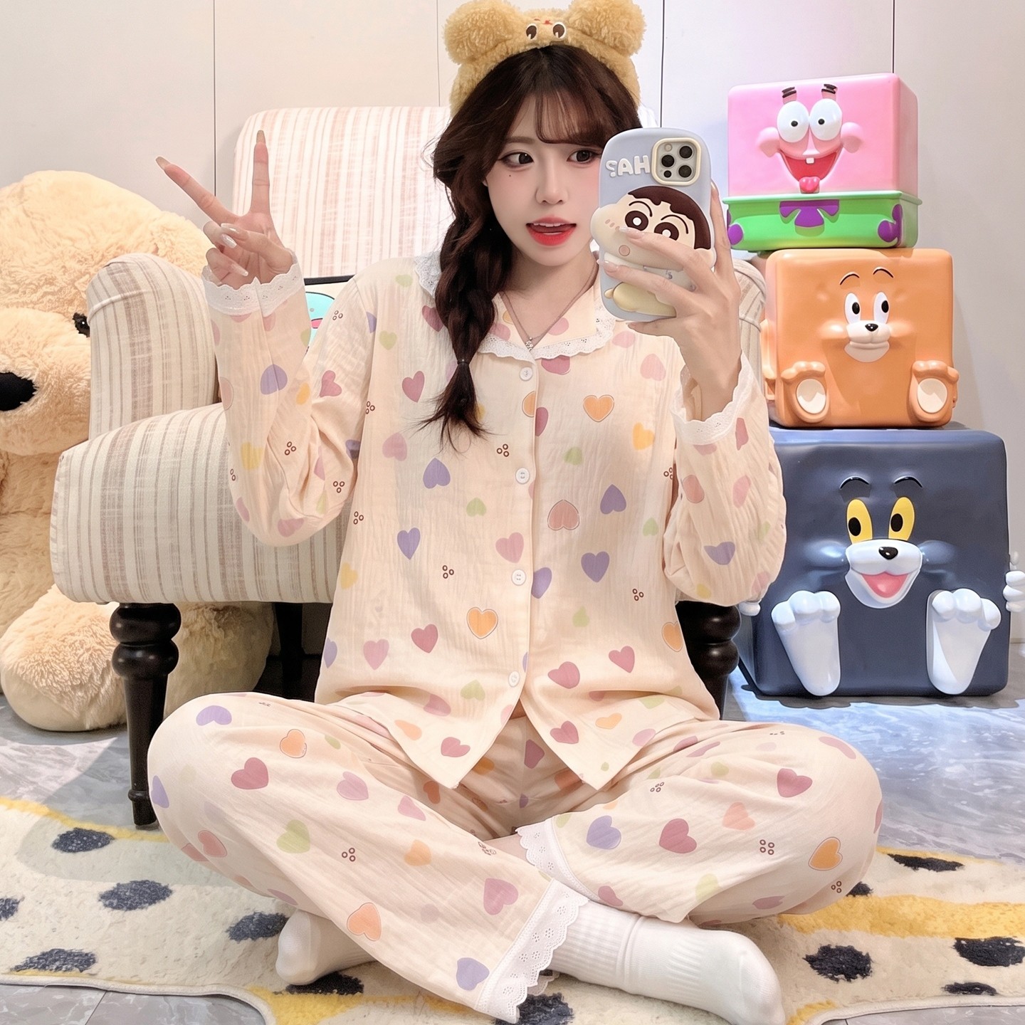 睡衣女款女孩儿童圆点长袖空调服冬春秋季云朵棉薄款裤子可爱款潮