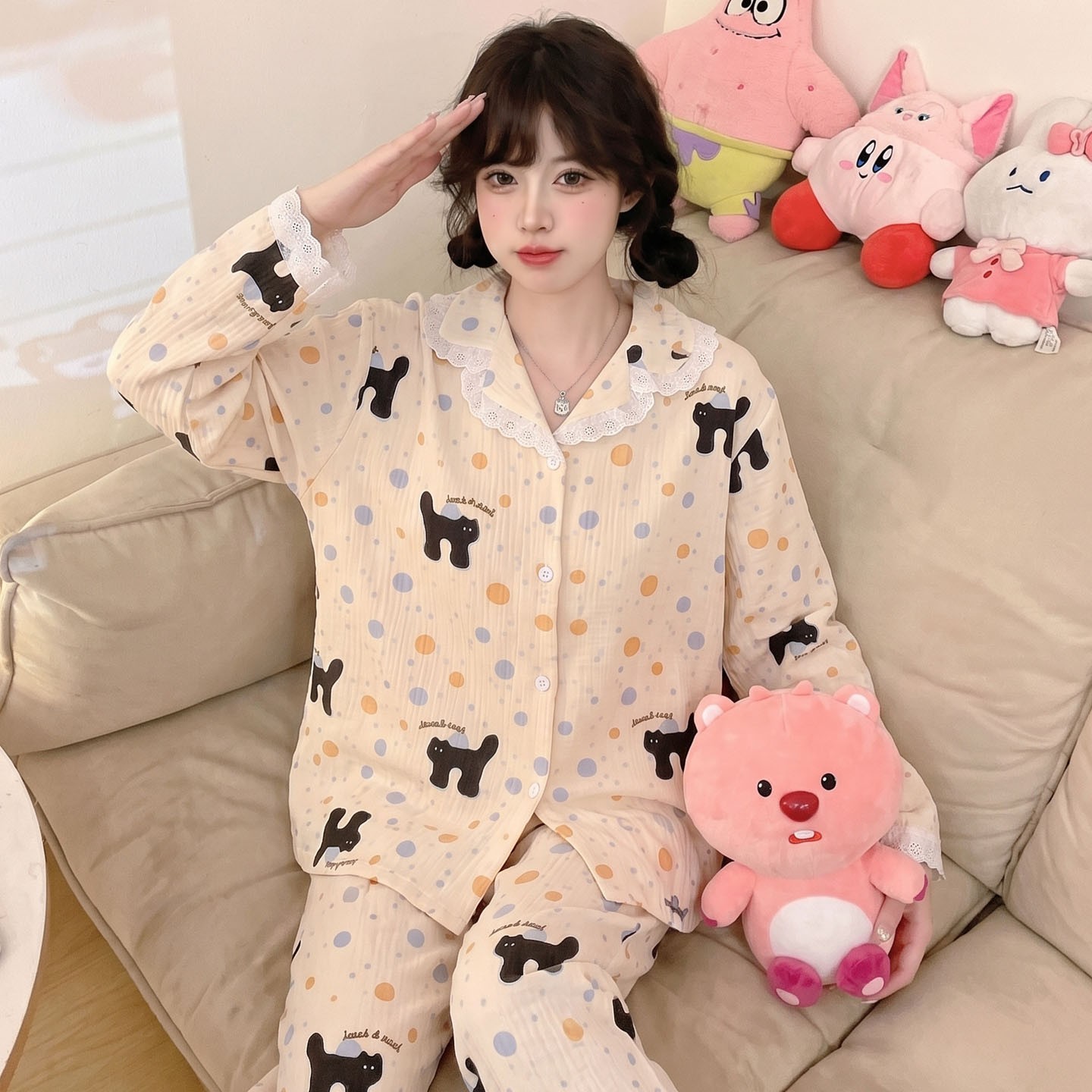 睡衣女款女孩儿童圆点云朵棉空调服冬薄款长袖春秋季十岁少女六岁