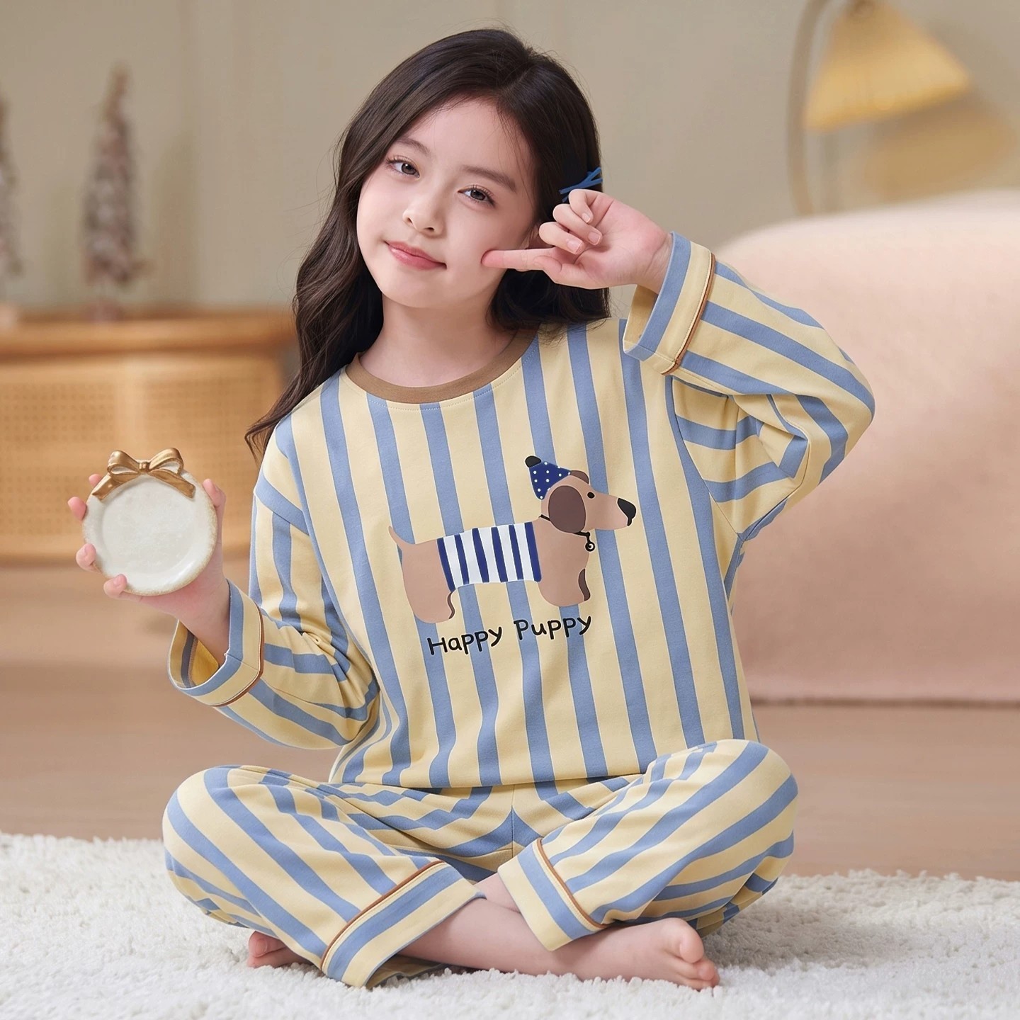 睡衣女孩春秋季长袖少女八岁卡通秋外穿空调服冬天橘子熊新款儿童