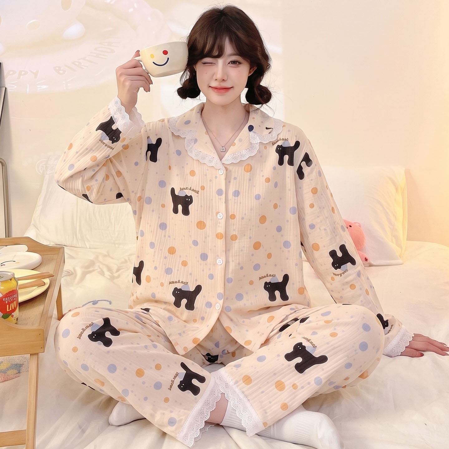 睡衣女款女孩空调潮儿童薄款云朵棉空调服冬长袖春秋季小灰猫胖童