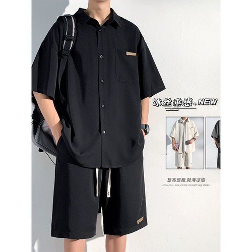 进口时尚休闲衬衫冰丝套装男夏季运动痞帅宽松短袖短裤酷帅穿搭