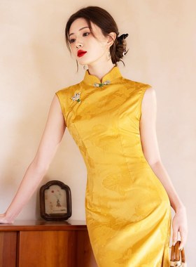 进口【黄锦】年轻款新中式黄色旗袍2025春季立领收腰高考送考日