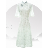 进口绿色小清新旗袍年轻款 高端气质改良少女日常新式 连衣裙小个