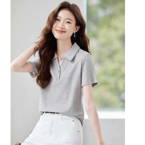 进口半开扣套头翻领设计感别致正肩上衣夏季华夫格刺绣线短袖t