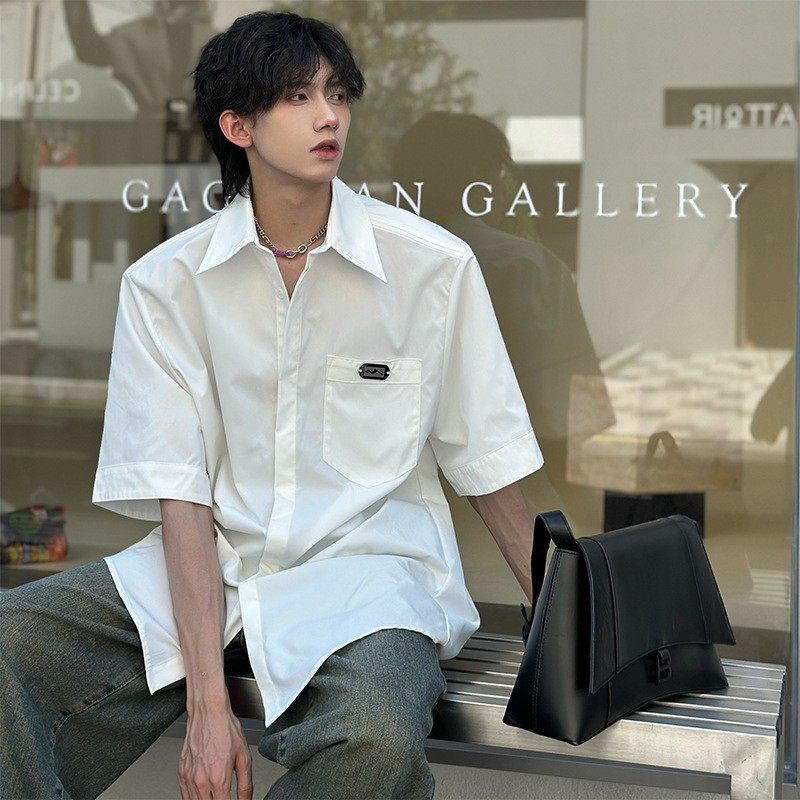 进口垫肩短袖白色衬衫男高级感古巴领dk制服性张力穿搭7七分袖