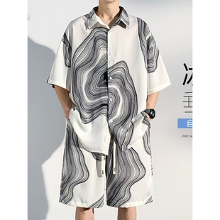 夏装 套装 2025夏季 进口冰丝沙滩衬衫 男装 男士 宽松大码 休闲 加短裤
