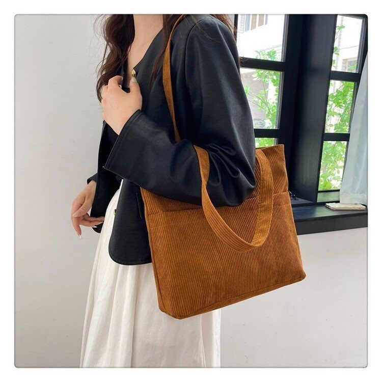 进口2023灯芯绒日系大容量韩版学生包上课装书手提托特包