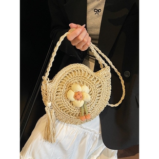 进口小众编织草编包女2025ins时尚单肩斜跨爆款度假沙滩包bag