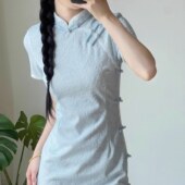 进口蓝色旗袍新中式 日常复古小个子连衣裙国风 改良款 2025夏新品