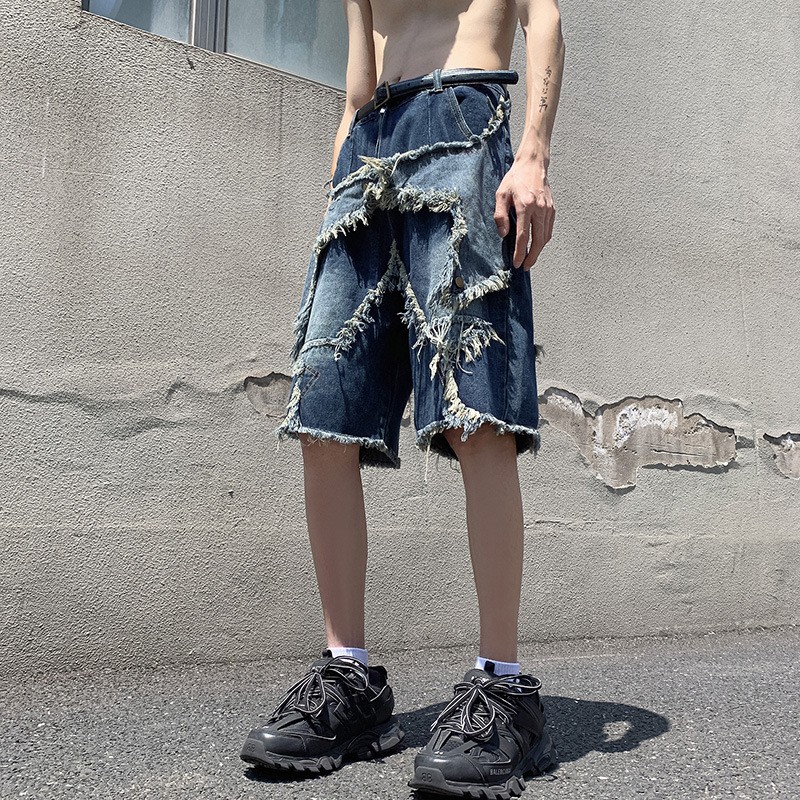 胖东来小众原创设计牛仔短裤男夏季薄款不规则乞丐中裤毛边江浙沪