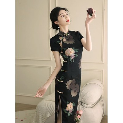 进口黑色旗袍2025复古民国风新中式连衣裙夏季高端大气上档次
