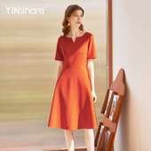 短袖 橘色修身 圆领气质高腰连衣裙 春季 映想社交女装