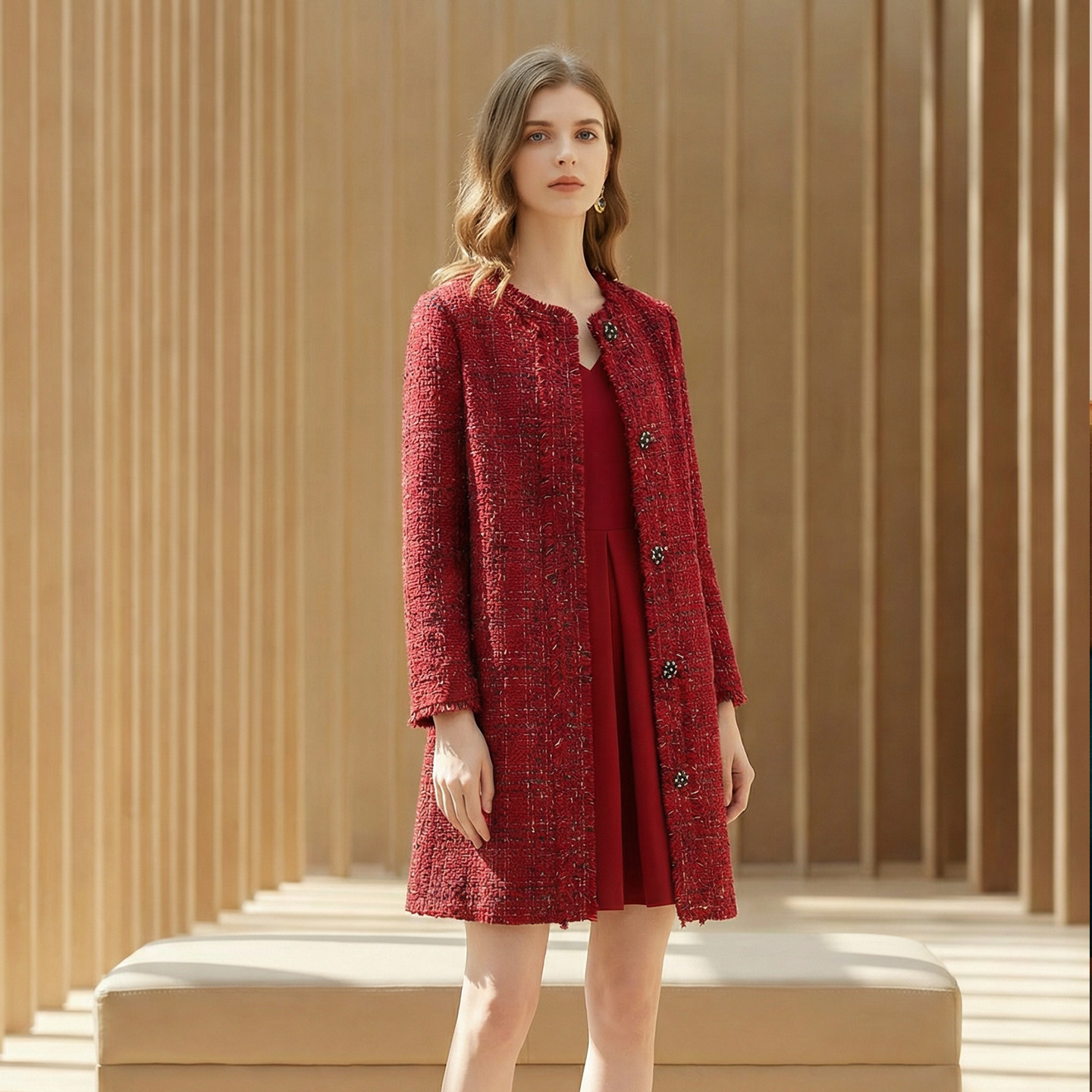 映想社交女装秋冬季格子花呢女气质酒红色长外套大衣