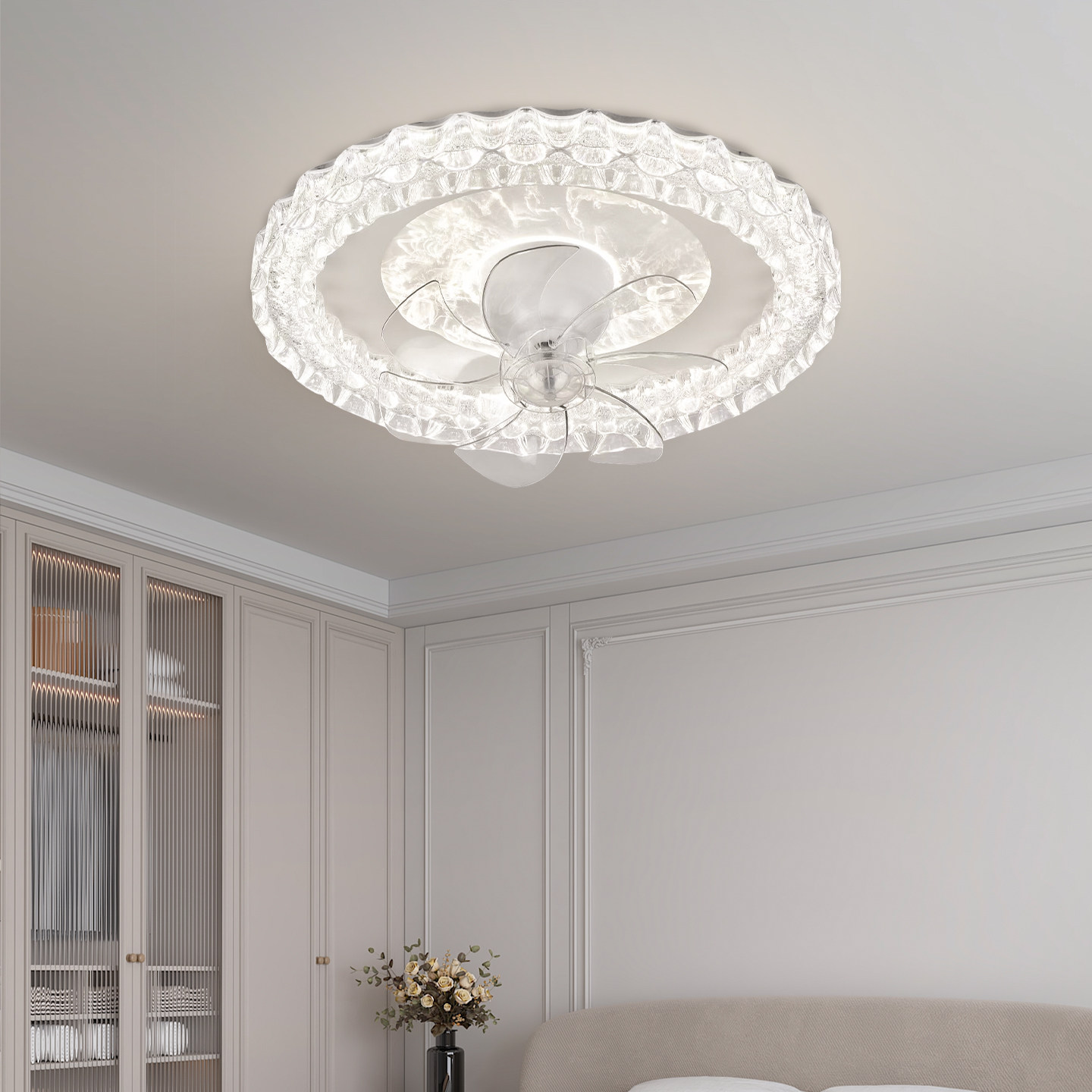 轻奢水晶吸顶风扇灯客厅卧室餐厅隐形无叶静音一体吊扇灯