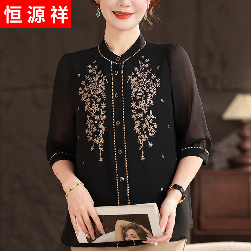 恒源祥中老年女士夏季真丝中袖衬衣绣花桑蚕丝妈妈装开衫圆领上衣