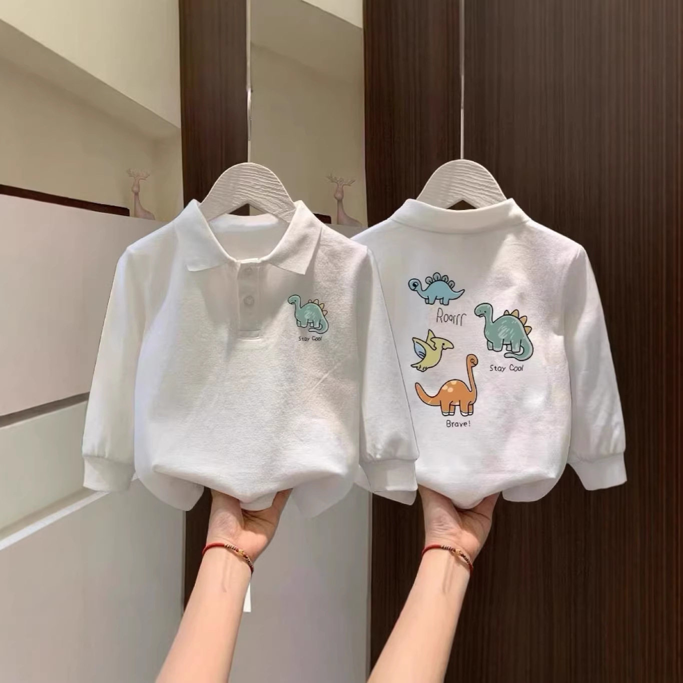 儿童白色POLO领长袖上衣学生春秋季纯色男女童百搭翻领体恤打底衫