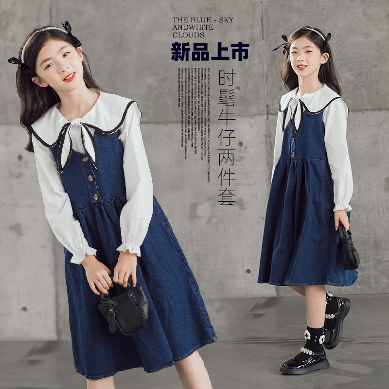 女童2026新款秋装背心套装连衣裙中大童韩版牛仔两件套公主裙子秋