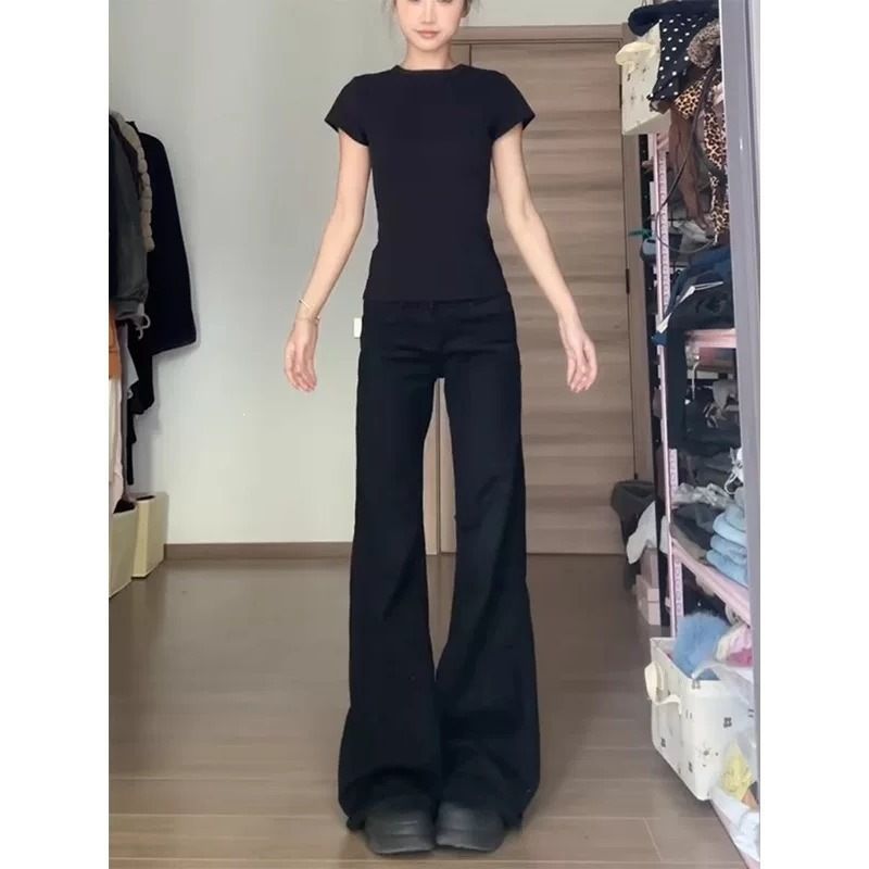 高个子加长黑色微喇叭牛仔裤女夏潮流新款辣妹低腰修身显瘦喇叭裤图片