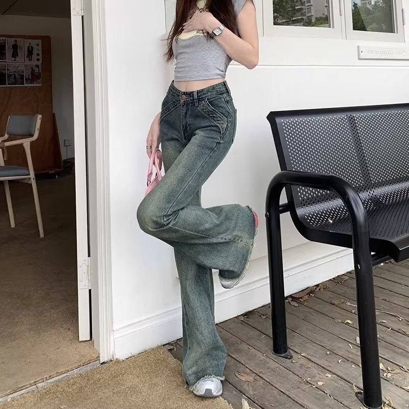 做旧复古高腰微喇叭牛仔裤女春夏新款设计感毛边修身显瘦马蹄长裤