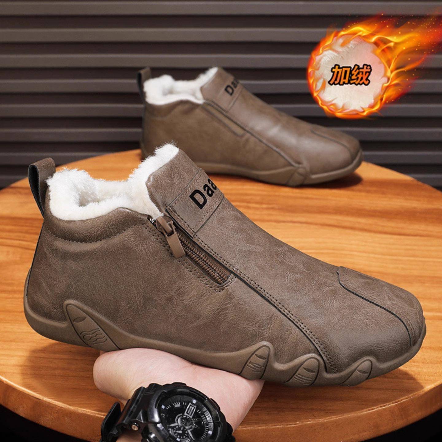 一脚蹬男鞋冬季皮毛一体加绒保暖棉鞋男士皮面防水防滑软底豆豆鞋