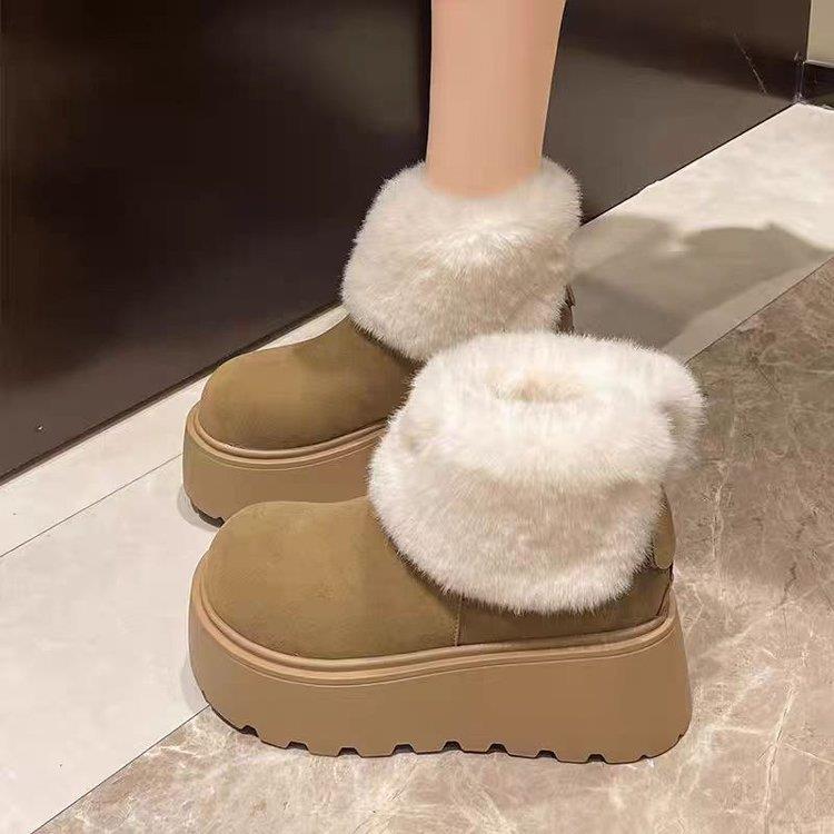 冬季洋气棉鞋短筒靴子2025新款加绒加厚增高厚底翻领毛毛雪地靴女