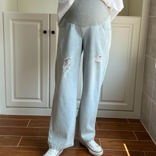 孕之彩春夏牛仔直筒裤阔腿裤托腹