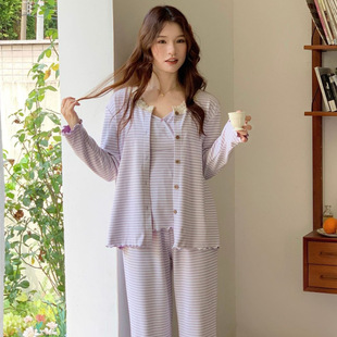 孕妇秋冬德绒家居服月子服三件套产后睡衣带胸垫春秋孕妇睡衣