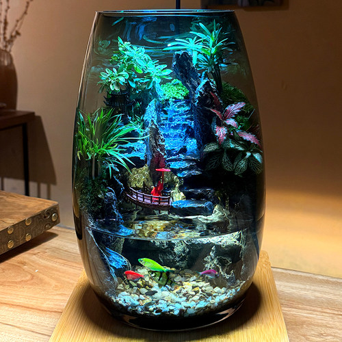 新款云霞山苔藓微景观鱼缸生态瓶灯光造景透明生态瓶家居装饰摆件