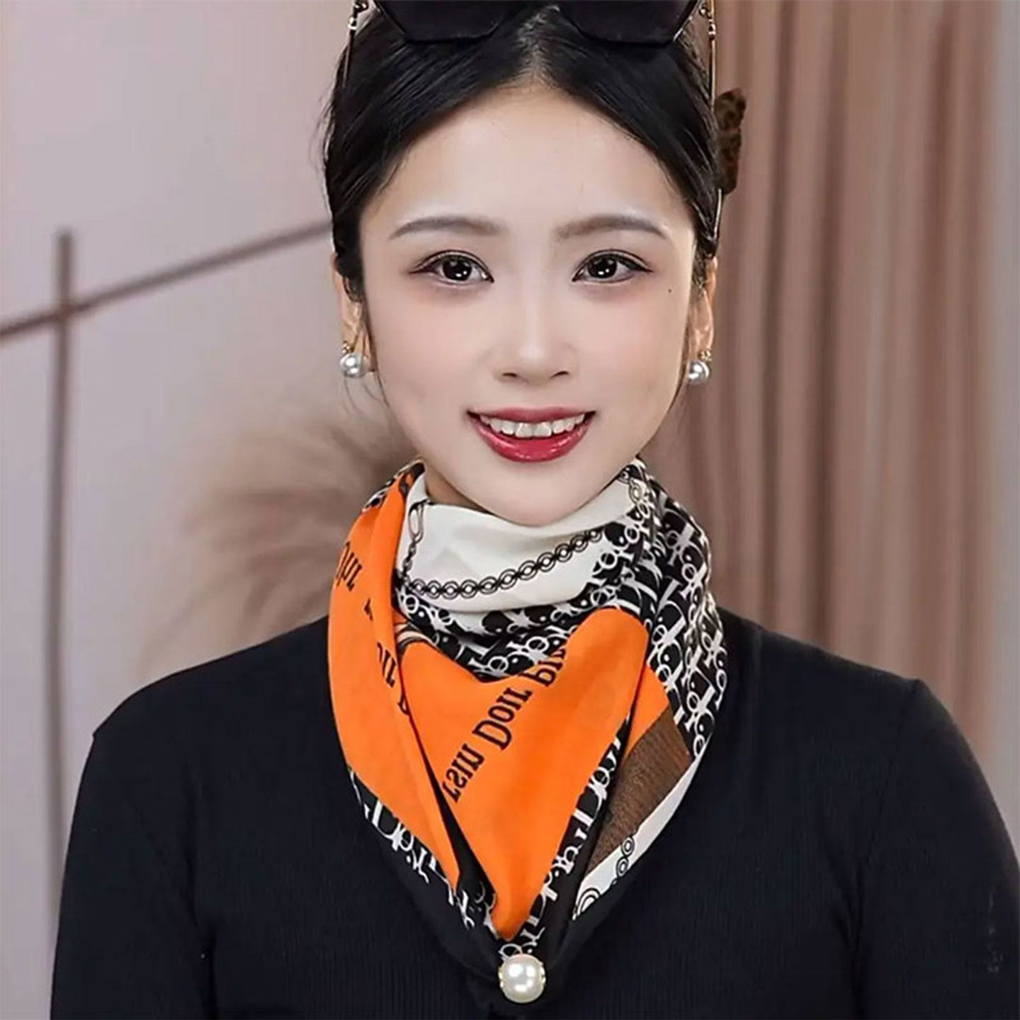 春秋棉麻珍珠磁吸扣保暖方巾