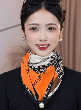 春秋棉麻珍珠磁吸扣保暖方巾