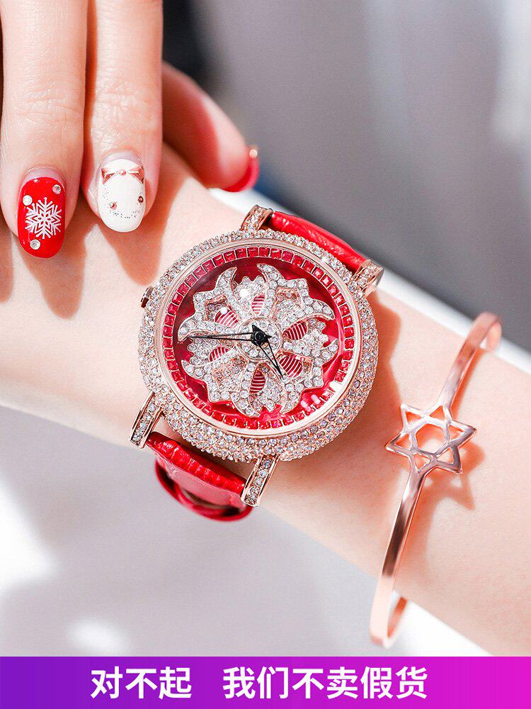 2020新款奶奶灰时来运转女表潮牌网红大表盘满钻旋转手表石英腕表