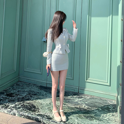 熊熊屋【克鲁千金】甜美收腰蝴蝶结外套 包臀半裙小 香风套装