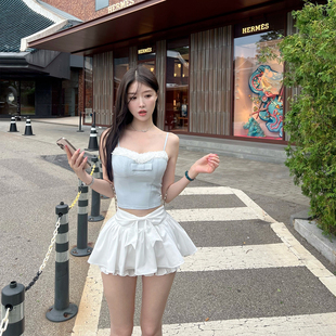 熊熊屋【海派甜心】纯欲减龄蕾丝花边吊带蝴蝶结蓬蓬裙裤套装