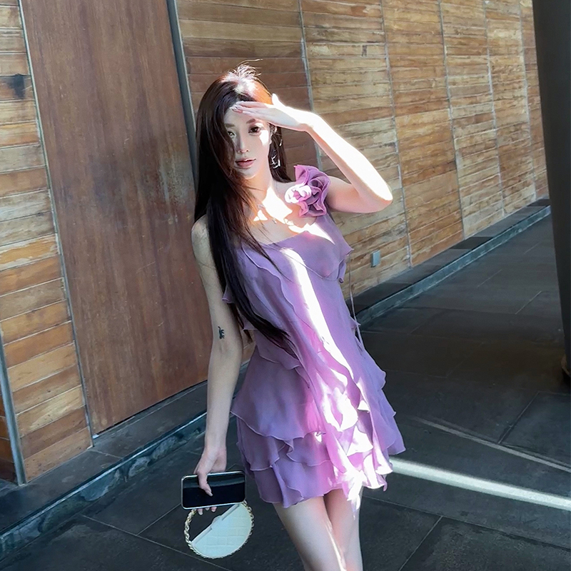 熊熊屋【紫霞仙子】越南rose叶舒华同款紫色立体花朵荷叶边连衣裙