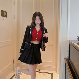 复古翻领小香粗花呢黑白撞色学院风套装 白富美jk