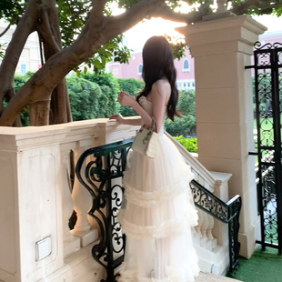 bear熊熊屋【黄仙】立体花朵吊带抹胸唯美层叠荷叶边网纱裙长裙女