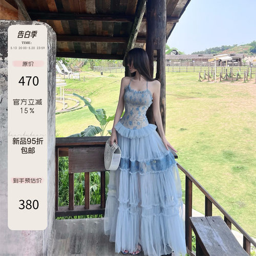 熊熊屋【顶美】高定仙气度假风蕾丝网纱荷叶边超大A字挂脖连衣裙