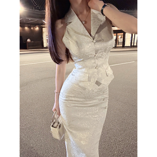 绝美内搭新中式 缎面提花盘挂脖上衣松弛开衩半裙套装 一梦芳华