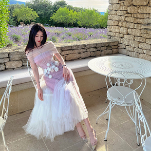 bear熊熊屋【紫微仙子】重工高定用料24米网纱一字肩鱼骨花朵裙