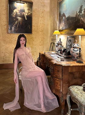 bear熊熊屋【暮光之城】重工刺绣珠片蕾丝网纱抹胸长飘带连衣裙女