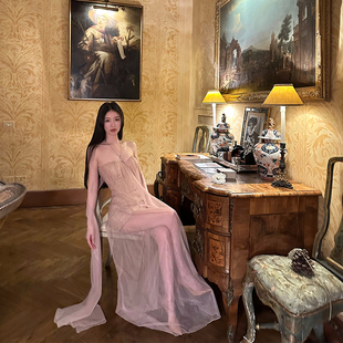 bear熊熊屋 重工刺绣珠片蕾丝网纱抹胸长飘带连衣裙女 暮光之城