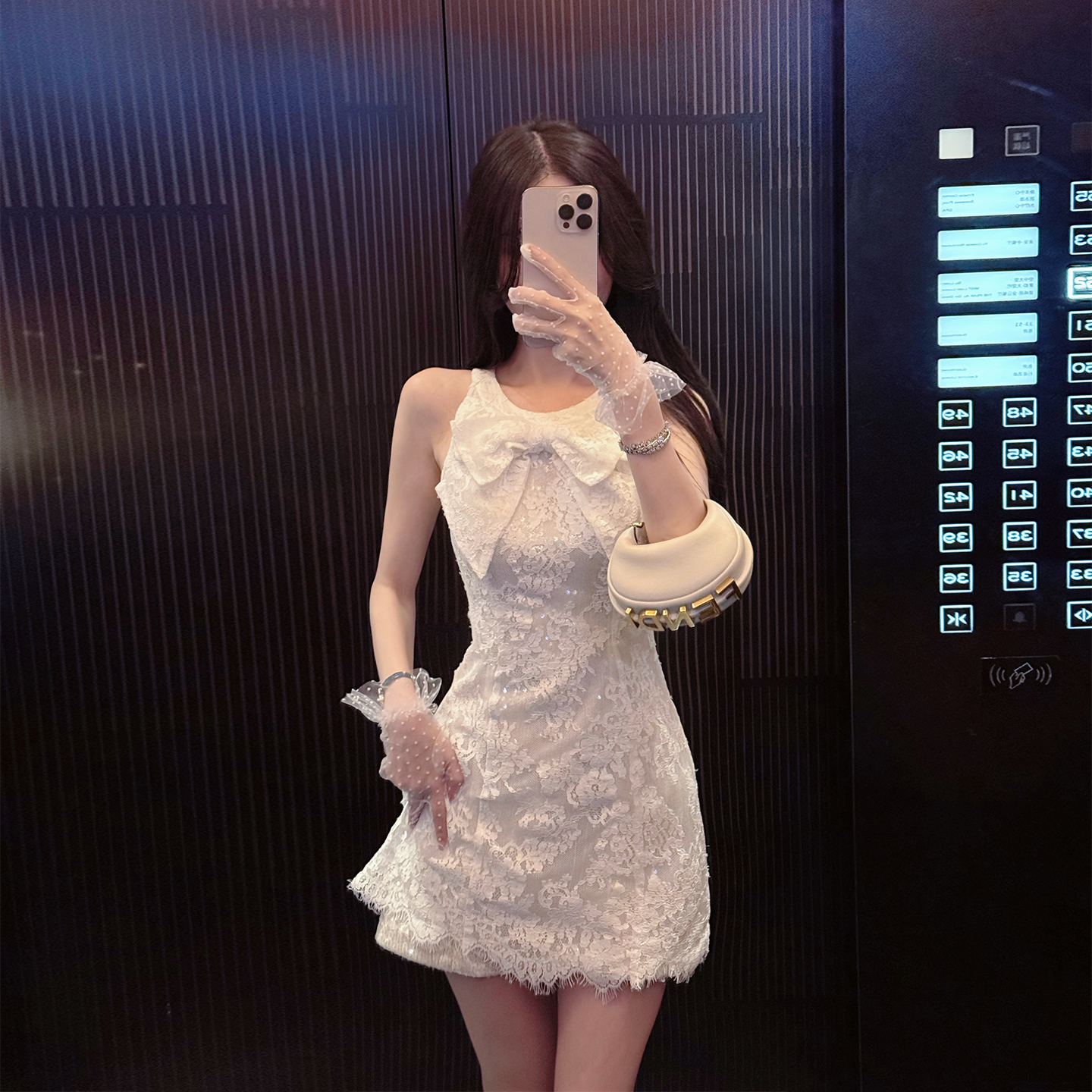 熊熊屋【千金佛洛依】精致高品质 蝴蝶结亮片蕾丝连衣裙