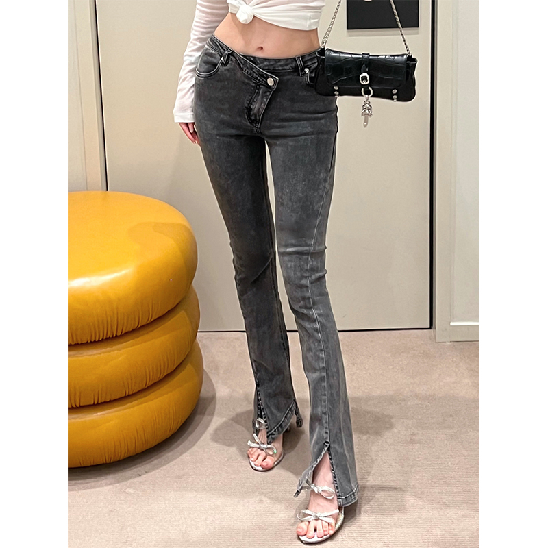 熊熊屋【纤纤小鸟腿】夏款中腰斜扣开衩显瘦薄款烟灰牛仔裤