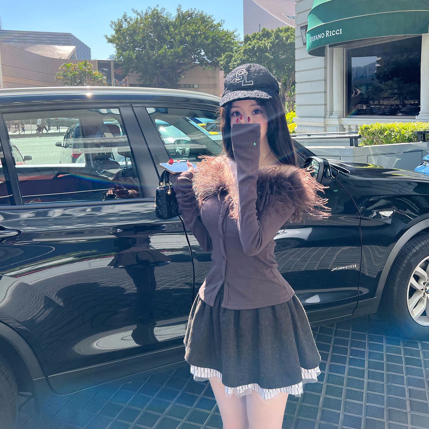 【英区大小姐】洋气贵感鸵鸟毛针织上衣 羊毛呢甜美半裙 JK套装裙