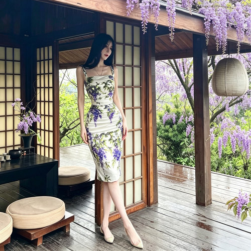 熊熊屋【紫藤生花】古着款 花瓶身材女人味修身包臀印花连衣裙