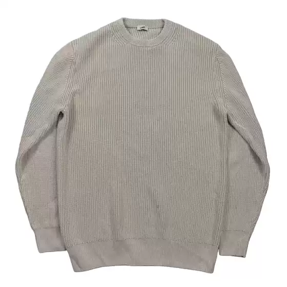 Minimalist Waffle Beige Crew Neck Heavy Knit Sweater, Khaki Unisex Loose Long-Sleeve Warm Sweater