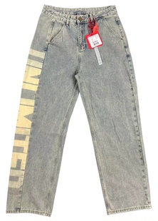 黄泥洗做旧 品牌尾 不对称口袋 大胶印亲肤直筒牛仔裤 潮酷百搭